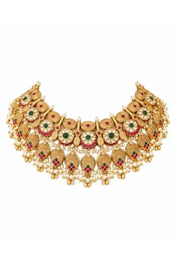 Vivinia By Vidhi Mehra_Green Antique Gold Kundan Necklace Set _Online_at_Aza_Fashions
