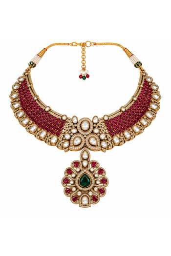 Vivinia By Vidhi Mehra Gold Plated Ruby Moissanite Necklace Set Online at Aza Fashions Vivinia By Vidhi Mehra_Gold Plated Ruby Moissanite Necklace Set _Online_at_Aza_Fashions