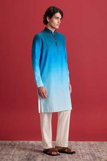 Zazu Blue Cotton Satin Aqua Ombre Kurta Set Online at Aza Fashions Zazu_Blue Cotton Satin Aqua Ombre Kurta Set _Online_at_Aza_Fashions