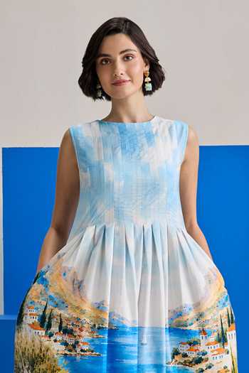 Zazu Multi Color Cotton Satin Boat Neck Mediterranean Print Dress Online at Aza Fashions Zazu_Multi Color Cotton Satin Boat Neck Mediterranean Print Dress _Online_at_Aza_Fashions
