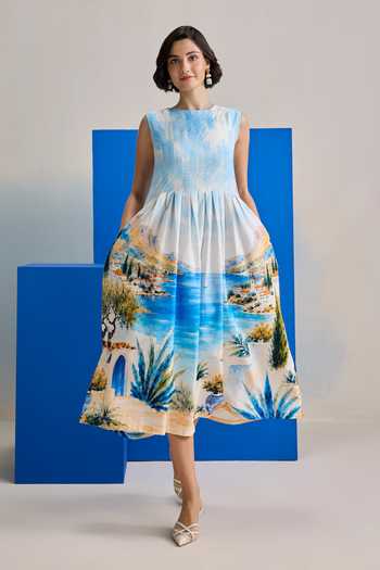 Buy Zazu Multi Color Cotton Satin Boat Neck Mediterranean Print Dress Online at Aza Fashions Buy_Zazu_Multi Color Cotton Satin Boat Neck Mediterranean Print Dress _Online_at_Aza_Fashions