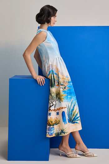 Shop Zazu Multi Color Cotton Satin Boat Neck Mediterranean Print Dress Online at Aza Fashions Shop_Zazu_Multi Color Cotton Satin Boat Neck Mediterranean Print Dress _Online_at_Aza_Fashions
