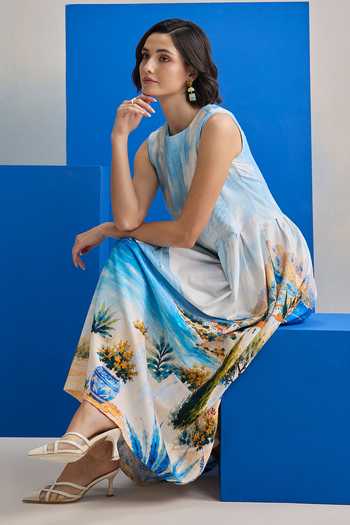 Zazu Multi Color Cotton Satin Boat Neck Mediterranean Print Dress at Aza Fashions Zazu_Multi Color Cotton Satin Boat Neck Mediterranean Print Dress _at_Aza_Fashions