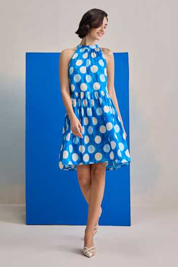 Zazu Blue Cotton Satin Halter Neck Cloud Polka Print Short Dress Online at Aza Fashions Zazu_Blue Cotton Satin Halter Neck Cloud Polka Print Short Dress _Online_at_Aza_Fashions