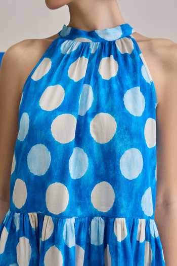 Buy Zazu Blue Cotton Satin Halter Neck Cloud Polka Print Short Dress Online at Aza Fashions Buy_Zazu_Blue Cotton Satin Halter Neck Cloud Polka Print Short Dress _Online_at_Aza_Fashions