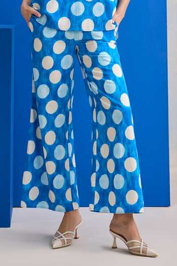 Zazu Blue Cotton Satin V-neck Cloud Polka Dot Print Top And Pant Set Online at Aza Fashions Zazu_Blue Cotton Satin V-neck Cloud Polka Dot Print Top And Pant Set _Online_at_Aza_Fashions