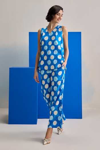 Buy Zazu Blue Cotton Satin V-neck Cloud Polka Dot Print Top And Pant Set Online at Aza Fashions Buy_Zazu_Blue Cotton Satin V-neck Cloud Polka Dot Print Top And Pant Set _Online_at_Aza_Fashions