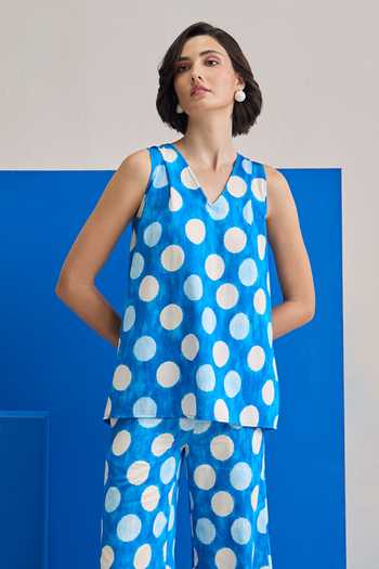 Shop Zazu Blue Cotton Satin V-neck Cloud Polka Dot Print Top And Pant Set Online at Aza Fashions Shop_Zazu_Blue Cotton Satin V-neck Cloud Polka Dot Print Top And Pant Set _Online_at_Aza_Fashions