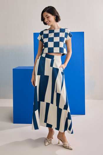 Shop Zazu Blue Cotton Satin Boat Neck Riviera Navy Printed Top And Skirt Set Online at Aza Fashions Shop_Zazu_Blue Cotton Satin Boat Neck Riviera Navy Printed Top And Skirt Set _Online_at_Aza_Fashions