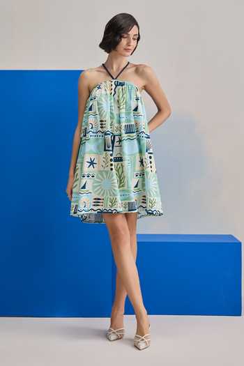 Zazu Green Cotton Satin Halter Neck Coastal Mint Short Dress Online at Aza Fashions Zazu_Green Cotton Satin Halter Neck Coastal Mint Short Dress _Online_at_Aza_Fashions