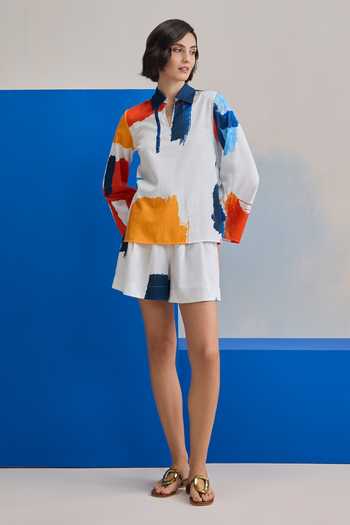 Buy Zazu Multi Color Cotton Satin Split V-neck Azure Tide Print Top And Shorts Set Online at Aza Fashions Buy_Zazu_Multi Color Cotton Satin Split V-neck Azure Tide Print Top And Shorts Set _Online_at_Aza_Fashions