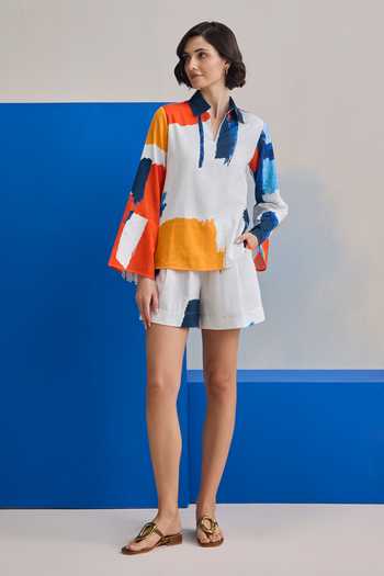 Shop Zazu Multi Color Cotton Satin Split V-neck Azure Tide Print Top And Shorts Set Online at Aza Fashions Shop_Zazu_Multi Color Cotton Satin Split V-neck Azure Tide Print Top And Shorts Set _Online_at_Aza_Fashions