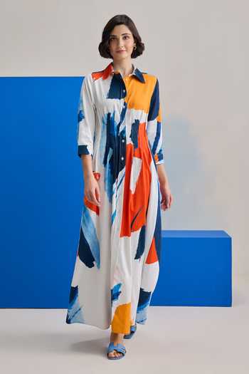 Zazu Multi Color Cotton Satin Collared Neck Azure Tide Maxi Dress Online at Aza Fashions Zazu_Multi Color Cotton Satin Collared Neck Azure Tide Maxi Dress _Online_at_Aza_Fashions