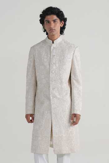 Shop_Dhruv Vaish_Ivory Silk, Cotton Embroidered Sherwani Set _Online_at_Aza_Fashions