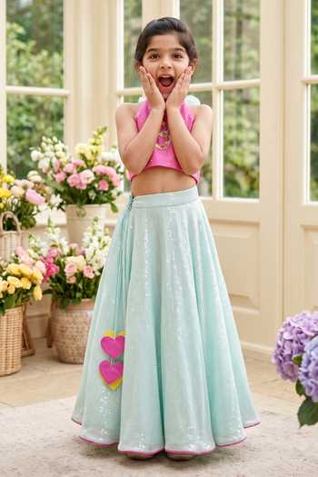 Panchhi By Kanupriya Tibrewala Green Silk Organza, Georgette, Net Akshar Embroidered Blouse Skirt Set Online at Aza Fashions Panchhi By Kanupriya Tibrewala_Green Silk Organza, Georgette, Net Akshar Embroidered Blouse Skirt Set _Online_at_Aza_Fashions