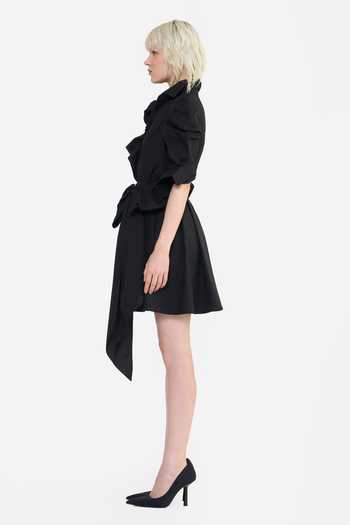 Gauri & Nainika Black Cotton Collared , Button-down Pouf Sleeves Ruffle Mini Dress Online at Aza Fashions Gauri & Nainika_Black Cotton Collared , Button-down Pouf Sleeves Ruffle Mini Dress _Online_at_Aza_Fashions