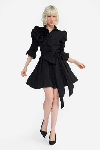 Shop Gauri & Nainika Black Cotton Collared , Button-down Pouf Sleeves Ruffle Mini Dress Online at Aza Fashions Shop_Gauri & Nainika_Black Cotton Collared , Button-down Pouf Sleeves Ruffle Mini Dress _Online_at_Aza_Fashions