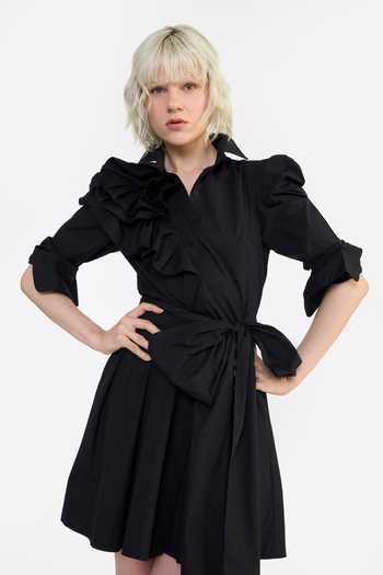 Gauri & Nainika Black Cotton Collared , Button-down Pouf Sleeves Ruffle Mini Dress at Aza Fashions Gauri & Nainika_Black Cotton Collared , Button-down Pouf Sleeves Ruffle Mini Dress _at_Aza_Fashions