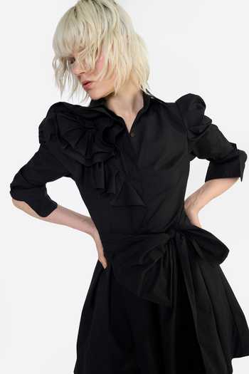 Buy Gauri & Nainika Black Cotton Collared , Button-down Pouf Sleeves Ruffle Mini Dress Buy_Gauri & Nainika_Black Cotton Collared , Button-down Pouf Sleeves Ruffle Mini Dress