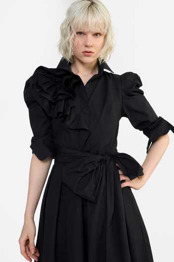 Shop Gauri & Nainika Black Cotton Collared , Button-down Pouf Sleeves Ruffle Mini Dress Shop_Gauri & Nainika_Black Cotton Collared , Button-down Pouf Sleeves Ruffle Mini Dress