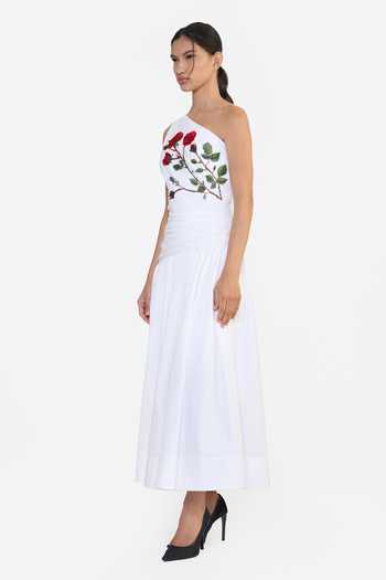 Buy_Gauri & Nainika_White Cotton One Shoulder Embroidered Draped Dress _Online_at_Aza_Fashions