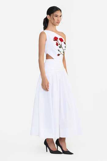 Shop_Gauri & Nainika_White Cotton One Shoulder Embroidered Draped Dress _Online_at_Aza_Fashions