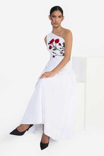 Gauri & Nainika_White Cotton One Shoulder Embroidered Draped Dress _at_Aza_Fashions