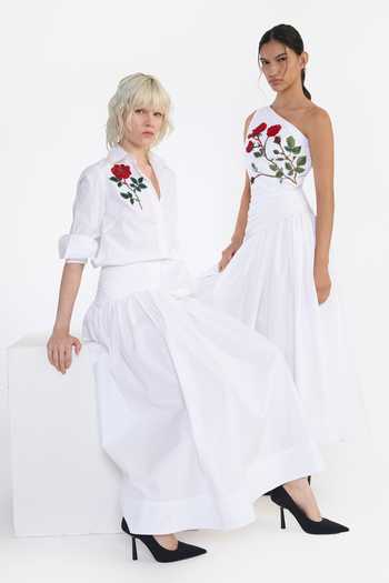 Buy_Gauri & Nainika_White Cotton One Shoulder Embroidered Draped Dress 
