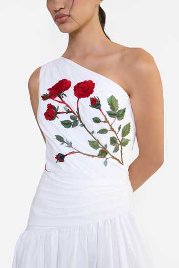 Shop_Gauri & Nainika_White Cotton One Shoulder Embroidered Draped Dress 