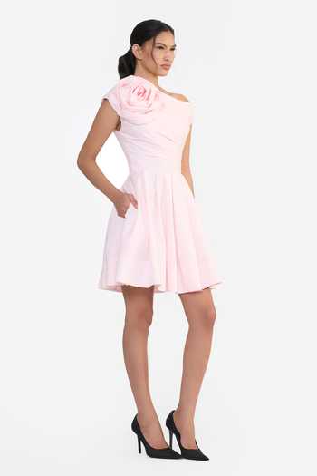 Gauri & Nainika Pink Cotton Asymmetric Neck, One Shoulder Sculpted Rosette Mini Dress Online at Aza Fashions Gauri & Nainika_Pink Cotton Asymmetric Neck, One Shoulder Sculpted Rosette Mini Dress _Online_at_Aza_Fashions