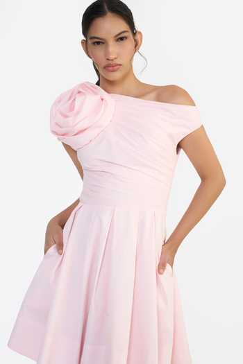 Shop Gauri & Nainika Pink Cotton Asymmetric Neck, One Shoulder Sculpted Rosette Mini Dress Online at Aza Fashions Shop_Gauri & Nainika_Pink Cotton Asymmetric Neck, One Shoulder Sculpted Rosette Mini Dress _Online_at_Aza_Fashions