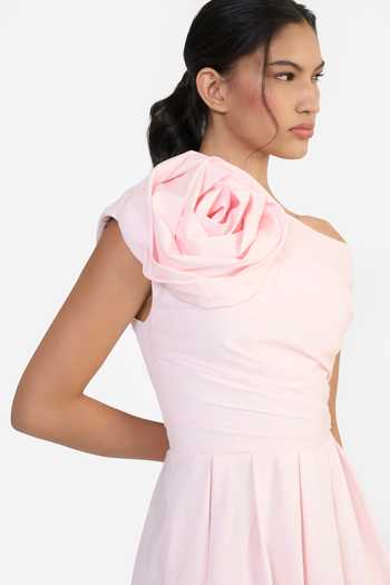 Gauri & Nainika Pink Cotton Asymmetric Neck, One Shoulder Sculpted Rosette Mini Dress at Aza Fashions Gauri & Nainika_Pink Cotton Asymmetric Neck, One Shoulder Sculpted Rosette Mini Dress _at_Aza_Fashions