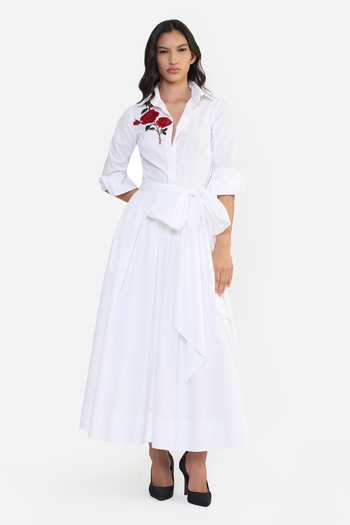 Gauri & Nainika White Cotton Collared Neck Botanical Embroidered Shirt Dress at Aza Fashions Gauri & Nainika_White Cotton Collared Neck Botanical Embroidered Shirt Dress _at_Aza_Fashions