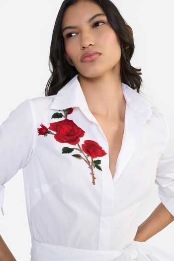 Shop Gauri & Nainika White Cotton Collared Neck Botanical Embroidered Shirt Dress Shop_Gauri & Nainika_White Cotton Collared Neck Botanical Embroidered Shirt Dress