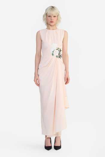Gauri & Nainika_Peach Cotton Round Neck Placed Embroidered Pareo Dress _Online_at_Aza_Fashions