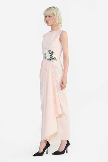 Buy_Gauri & Nainika_Peach Cotton Round Neck Placed Embroidered Pareo Dress _Online_at_Aza_Fashions