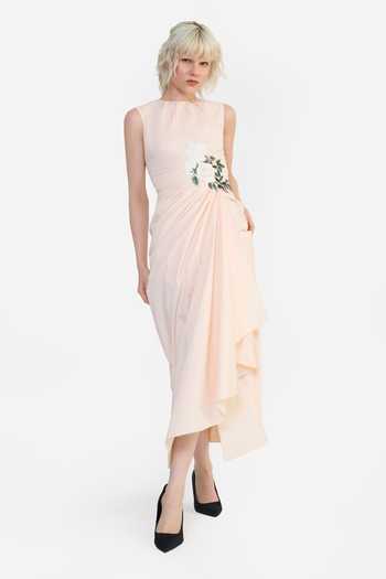 Shop_Gauri & Nainika_Peach Cotton Round Neck Placed Embroidered Pareo Dress _Online_at_Aza_Fashions