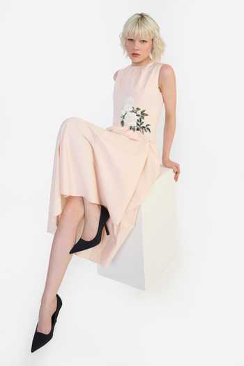 Gauri & Nainika_Peach Cotton Round Neck Placed Embroidered Pareo Dress _at_Aza_Fashions