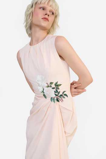 Buy_Gauri & Nainika_Peach Cotton Round Neck Placed Embroidered Pareo Dress 