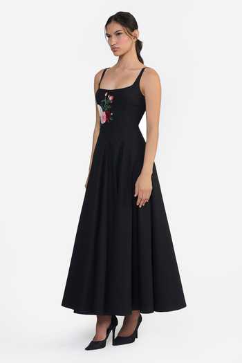 Gauri & Nainika Black Cotton Square Neck Embroidered Panelled Flared Dress Online at Aza Fashions Gauri & Nainika_Black Cotton Square Neck Embroidered Panelled Flared Dress _Online_at_Aza_Fashions
