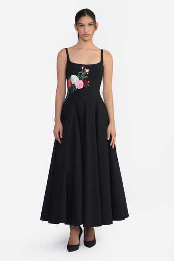 Shop Gauri & Nainika Black Cotton Square Neck Embroidered Panelled Flared Dress Online at Aza Fashions Shop_Gauri & Nainika_Black Cotton Square Neck Embroidered Panelled Flared Dress _Online_at_Aza_Fashions