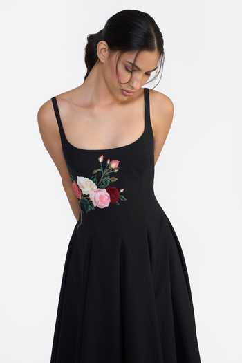 Gauri & Nainika Black Cotton Square Neck Embroidered Panelled Flared Dress at Aza Fashions Gauri & Nainika_Black Cotton Square Neck Embroidered Panelled Flared Dress _at_Aza_Fashions