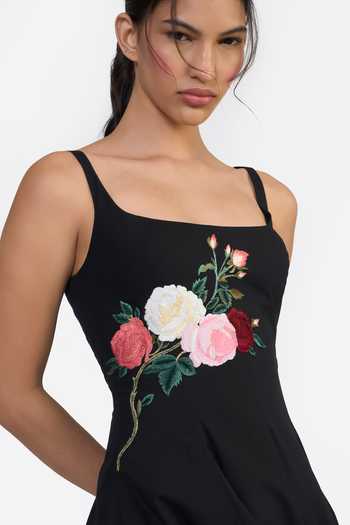 Buy Gauri & Nainika Black Cotton Square Neck Embroidered Panelled Flared Dress Buy_Gauri & Nainika_Black Cotton Square Neck Embroidered Panelled Flared Dress