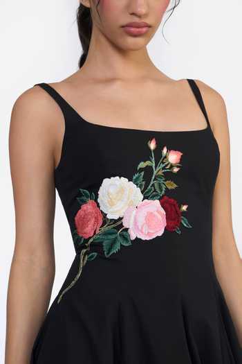 Shop Gauri & Nainika Black Cotton Square Neck Embroidered Panelled Flared Dress Shop_Gauri & Nainika_Black Cotton Square Neck Embroidered Panelled Flared Dress