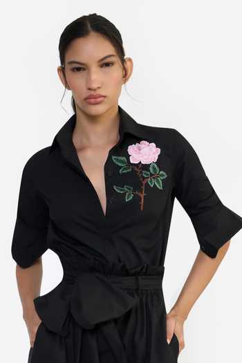 Gauri & Nainika Black Cotton Collared Neck Rose Embroidered Shirt at Aza Fashions Gauri & Nainika_Black Cotton Collared Neck Rose Embroidered Shirt _at_Aza_Fashions