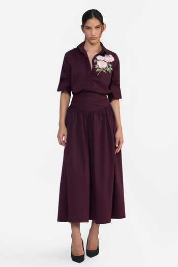 Gauri & Nainika Burgundy Cotton Collared Neck Rose Embroidered Shirt Online at Aza Fashions Gauri & Nainika_Burgundy Cotton Collared Neck Rose Embroidered Shirt _Online_at_Aza_Fashions