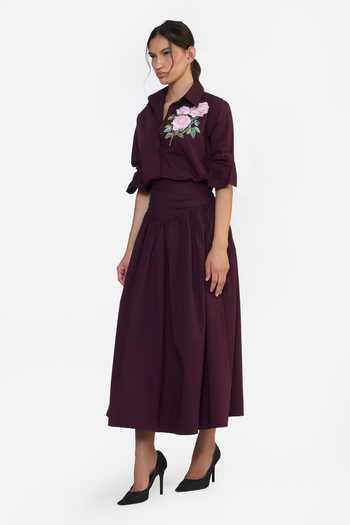 Buy Gauri & Nainika Burgundy Cotton Collared Neck Rose Embroidered Shirt Online at Aza Fashions Buy_Gauri & Nainika_Burgundy Cotton Collared Neck Rose Embroidered Shirt _Online_at_Aza_Fashions