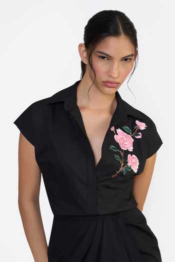 Gauri & Nainika Black Cotton Collared Neck Dolman Sleeve Embroidered Shirt at Aza Fashions Gauri & Nainika_Black Cotton Collared Neck Dolman Sleeve Embroidered Shirt _at_Aza_Fashions