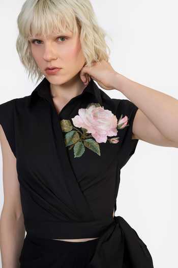 Buy Gauri & Nainika Black Cotton Collared Neck Surplice Cropped Embroidered Shirt Buy_Gauri & Nainika_Black Cotton Collared Neck Surplice Cropped Embroidered Shirt