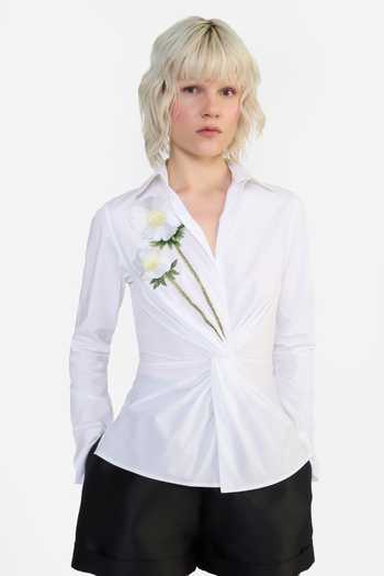 Gauri & Nainika Cream Cotton Collared Neck Twisted Draped Embroidered Shirt at Aza Fashions Gauri & Nainika_Cream Cotton Collared Neck Twisted Draped Embroidered Shirt _at_Aza_Fashions